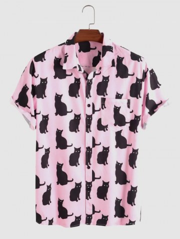 Front Pocket Button Up Black Cat Print Shirt