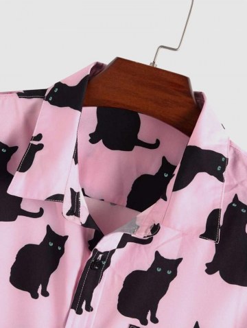 Front Pocket Button Up Black Cat Print Shirt
