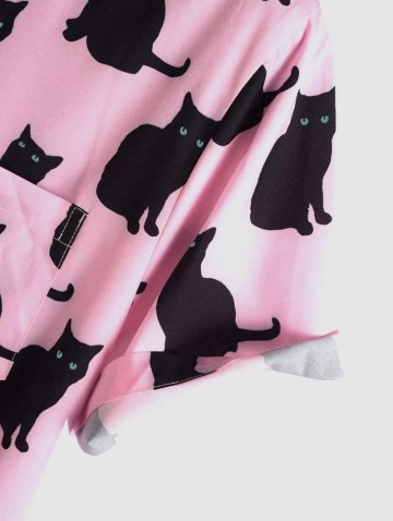 Front Pocket Button Up Black Cat Print Shirt