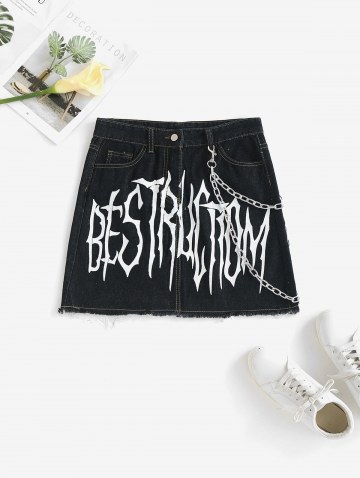 Graphic Print Chain Topstitching Denim Skirt