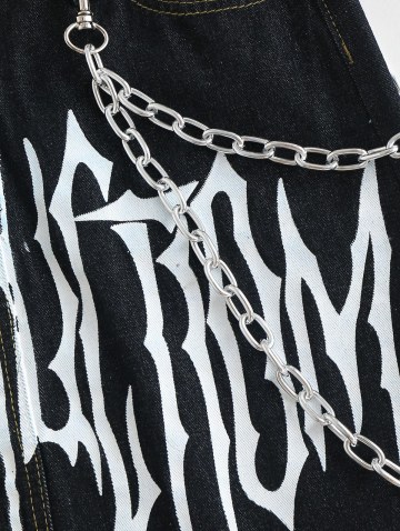 Graphic Print Chain Topstitching Denim Skirt