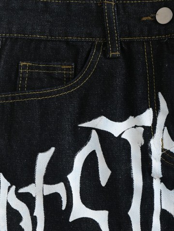 Graphic Print Chain Topstitching Denim Skirt