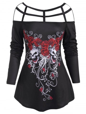 Halloween Caged Cutout Floral Skull Print Tunic Top