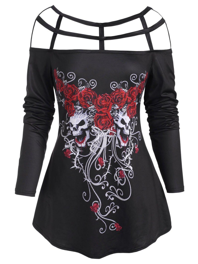 Halloween Caged Cutout Floral Skull Print Tunic Top