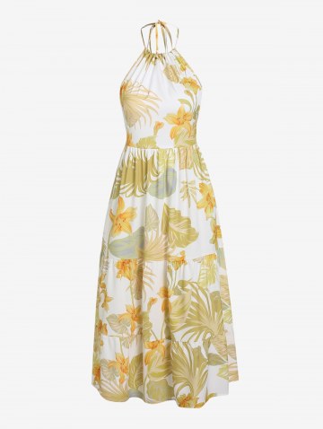 Halter Floral Leaves Print Backless Midi Dress