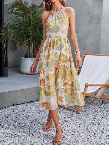 Halter Floral Leaves Print Backless Midi Dress