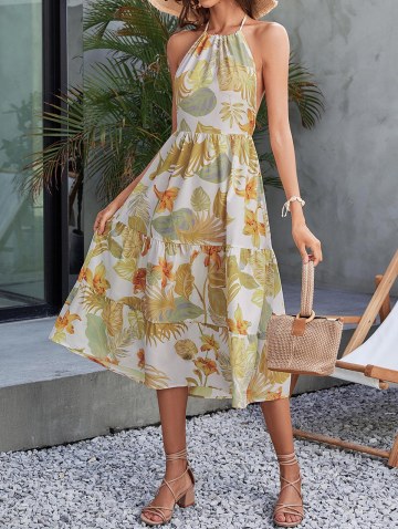 Halter Floral Leaves Print Backless Midi Dress