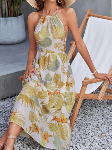 Halter Floral Leaves Print Backless Midi Dress