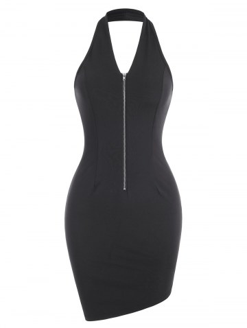 Halter Half Zip Slinky Asymmetrical Dress