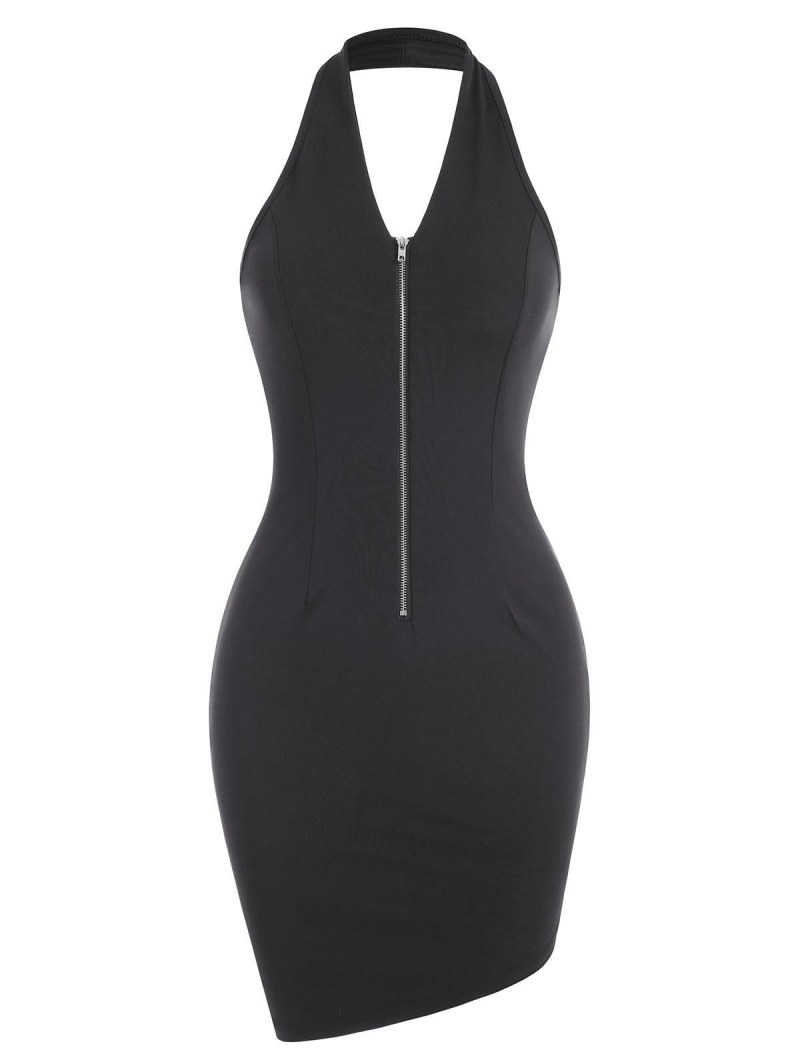 Halter Half Zip Slinky Asymmetrical Dress