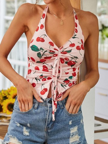 Halter Open Back Cherry Cinched Front Tank Top