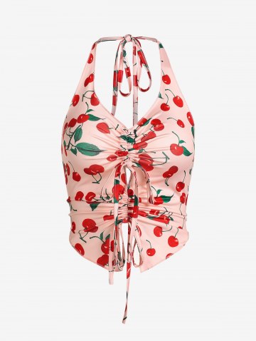 Halter Open Back Cherry Cinched Front Tank Top