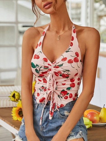 Halter Open Back Cherry Cinched Front Tank Top