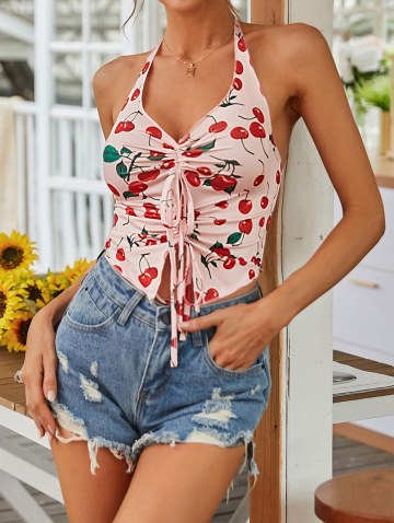 Halter Open Back Cherry Cinched Front Tank Top