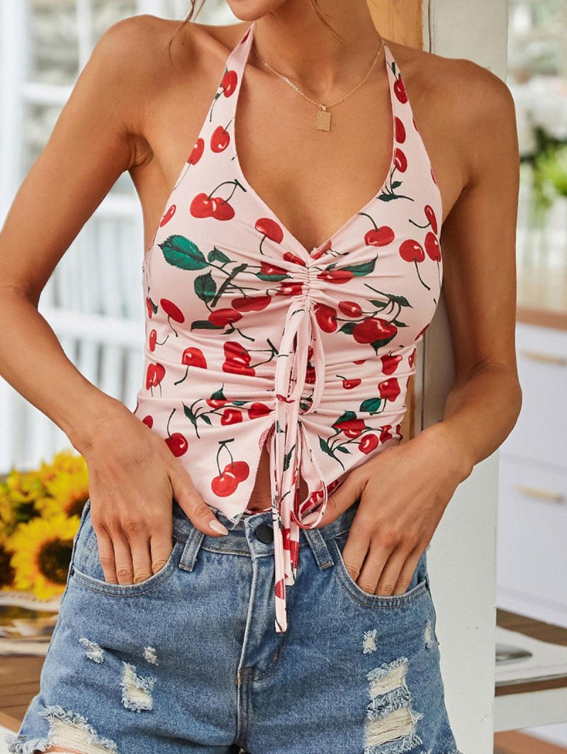 Halter Open Back Cherry Cinched Front Tank Top