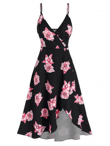 High Low Floral Print Midi Surplice Dress