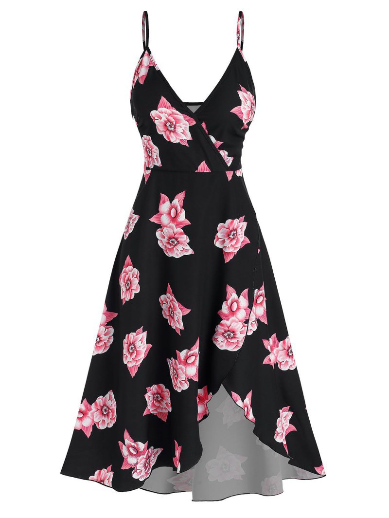 High Low Floral Print Midi Surplice Dress