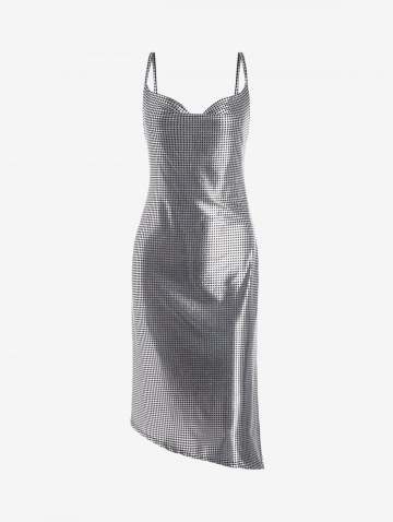 Houndstooth Cowl Front Slit Dress