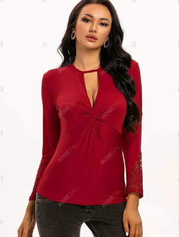 Keyhole Twist Lace Panel Long Sleeve Top