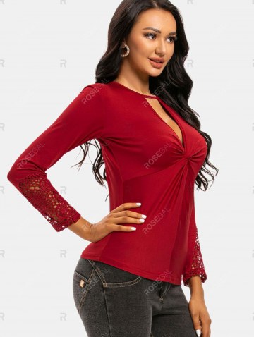 Keyhole Twist Lace Panel Long Sleeve Top