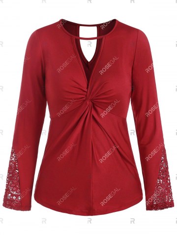 Keyhole Twist Lace Panel Long Sleeve Top
