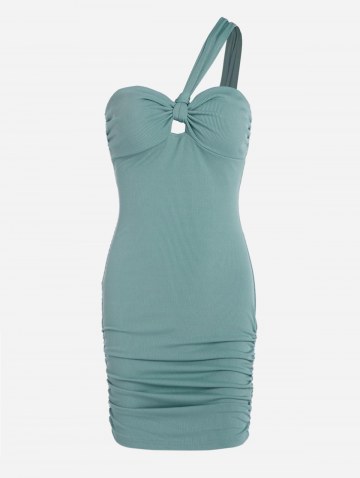 Knotted Ruched Ribbed One Shoulder Slinky Dress