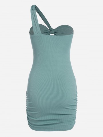 Knotted Ruched Ribbed One Shoulder Slinky Dress