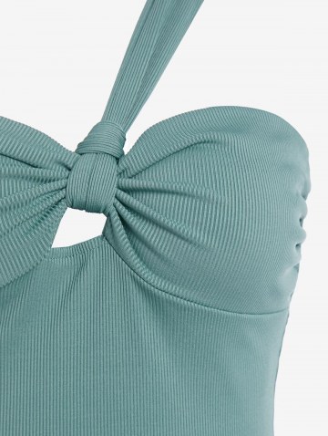 Knotted Ruched Ribbed One Shoulder Slinky Dress