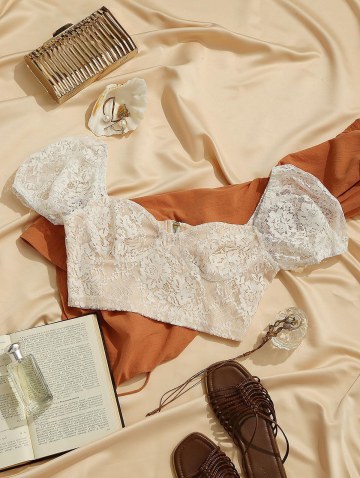Lace Insert Puff Sleeve Crop Corset Top