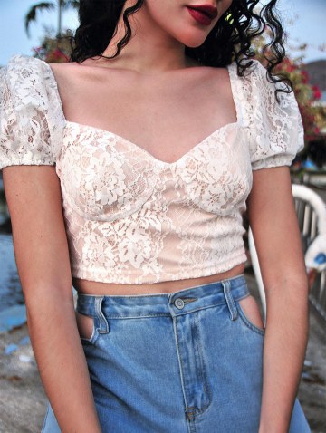 Lace Insert Puff Sleeve Crop Corset Top
