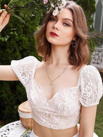 Lace Insert Puff Sleeve Crop Corset Top