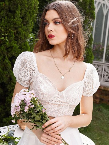 Lace Insert Puff Sleeve Crop Corset Top