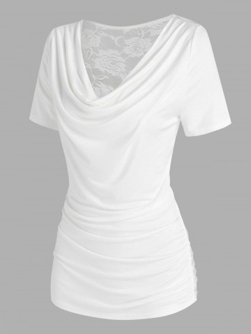 Lace Panel Cowl Neck Ruched T Shirt