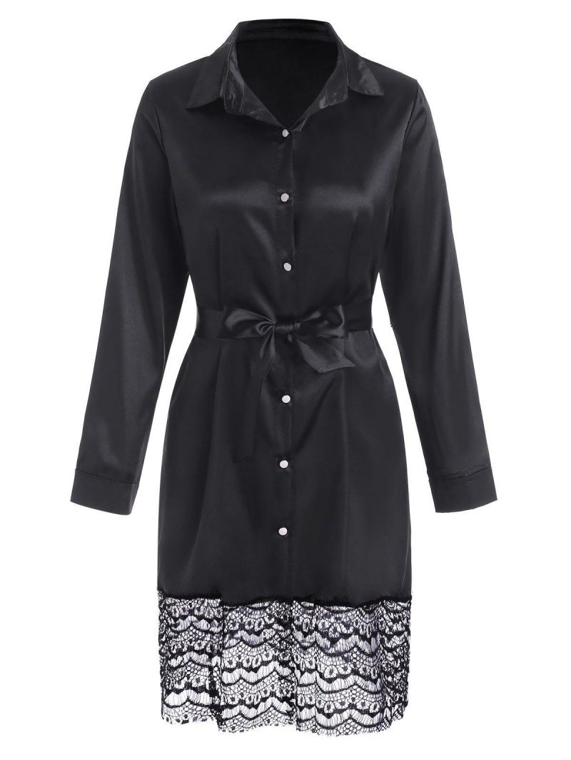 Lace Panel Satin Sleep Shirt Dress