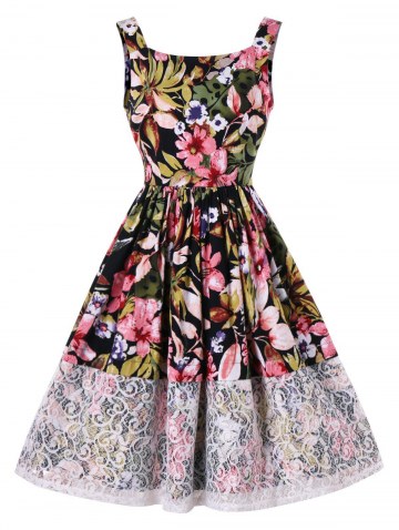 Lace Trim Floral Leaf Print Dress