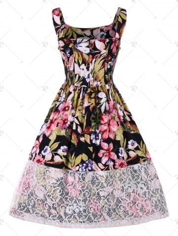 Lace Trim Floral Leaf Print Dress