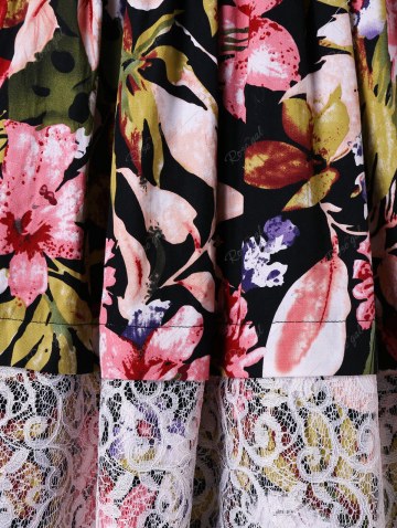 Lace Trim Floral Leaf Print Dress