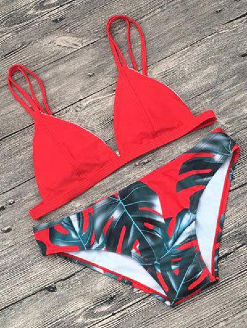 Leaf Print Spaghetti Strap Bikini Set