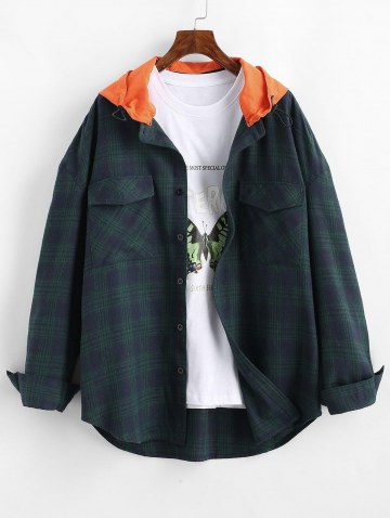 Long Sleeve Plaid Shirt With Colorblock Hood