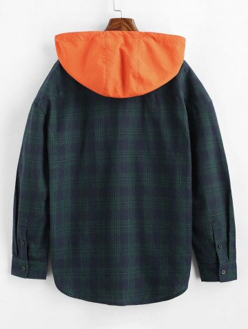 Long Sleeve Plaid Shirt With Colorblock Hood