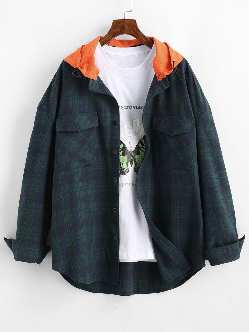 Long Sleeve Plaid Shirt With Colorblock Hood