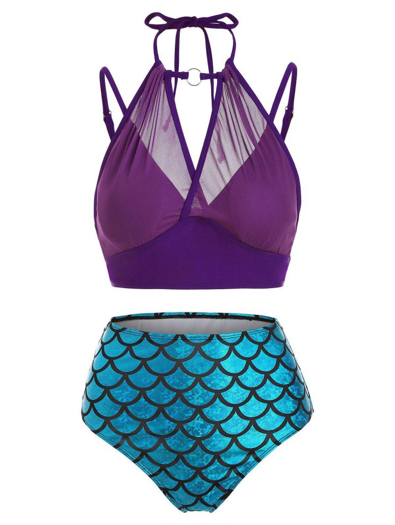 Mesh Overlay Mermaid O Ring Tankini Swimwear
