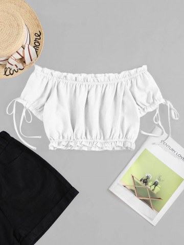 Off Shoulder Ruffle Mock Button Crop Blouse