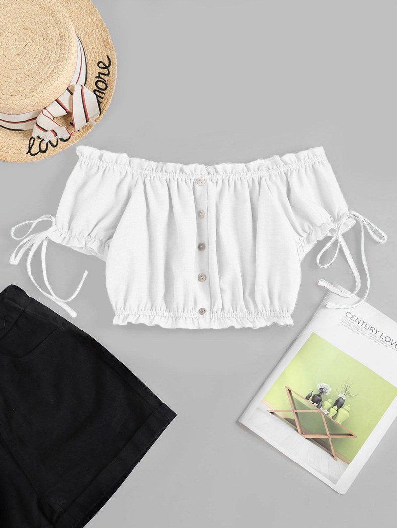 Off Shoulder Ruffle Mock Button Crop Blouse