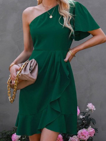 One Shoulder Flutter Sleeve Ruffles Mini Dress