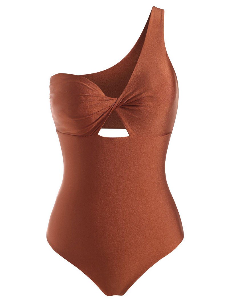 One Shoulder Twist Cutout Metallic One-piece Swimsuit