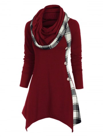 Plaid Convertible Neck Button Embellished Asymmetrical T-shirt