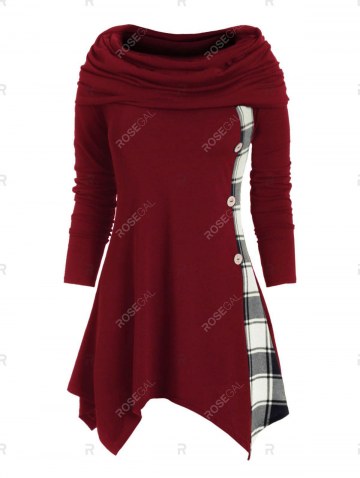 Plaid Convertible Neck Button Embellished Asymmetrical T-shirt