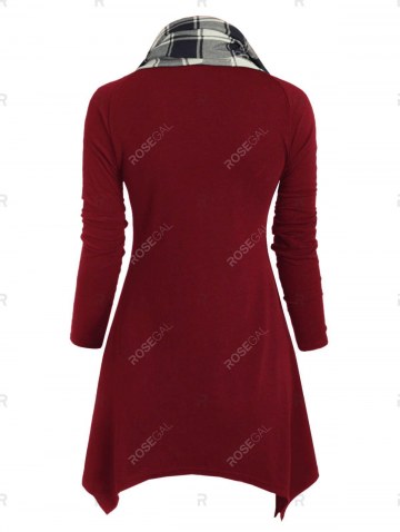 Plaid Convertible Neck Button Embellished Asymmetrical T-shirt