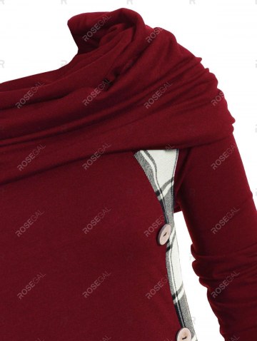 Plaid Convertible Neck Button Embellished Asymmetrical T-shirt